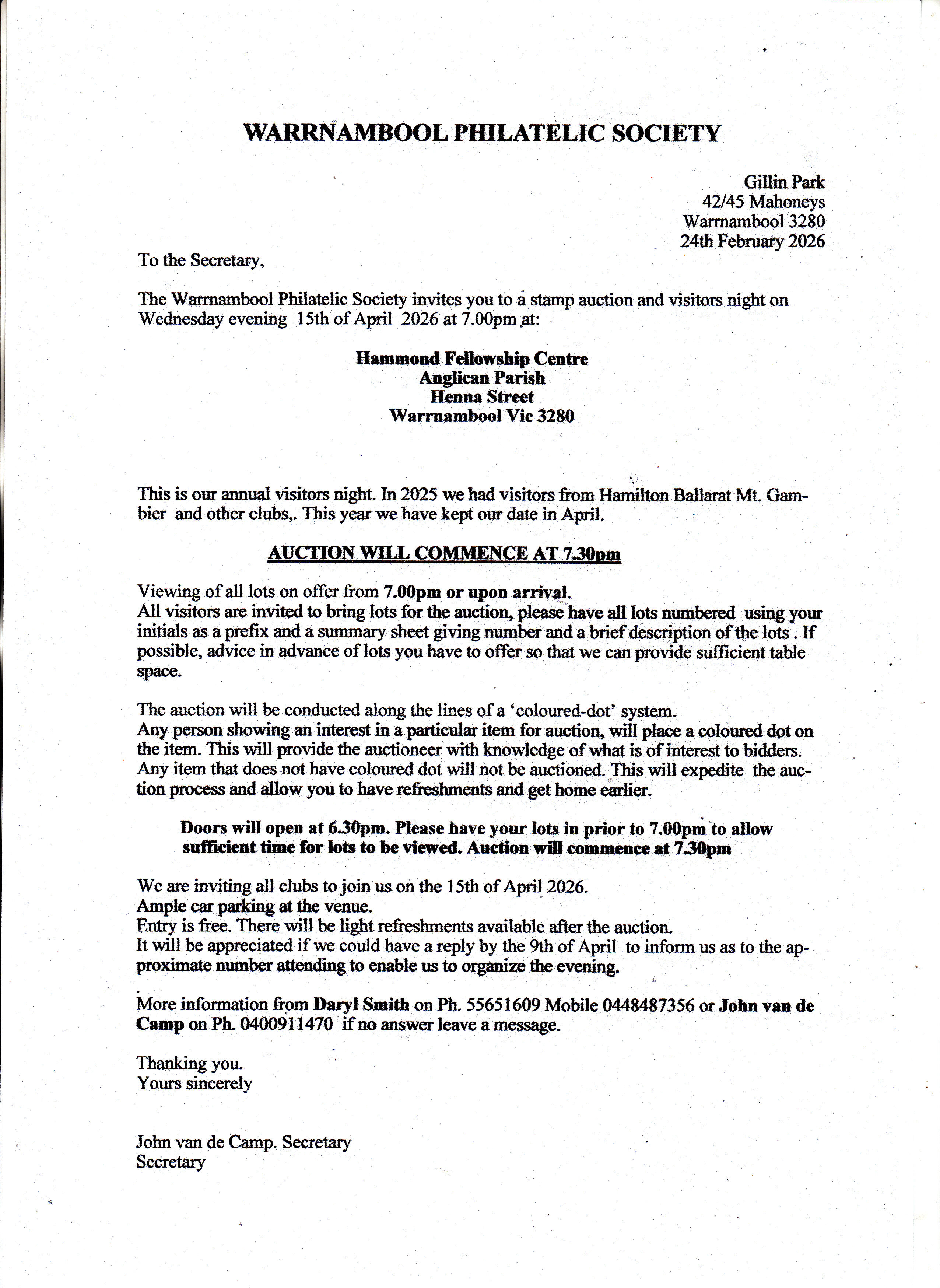 Warrnambool Stamp Club Viisitors Night and Auction Warrnambool Stamp Club Viisitors Night and Auction